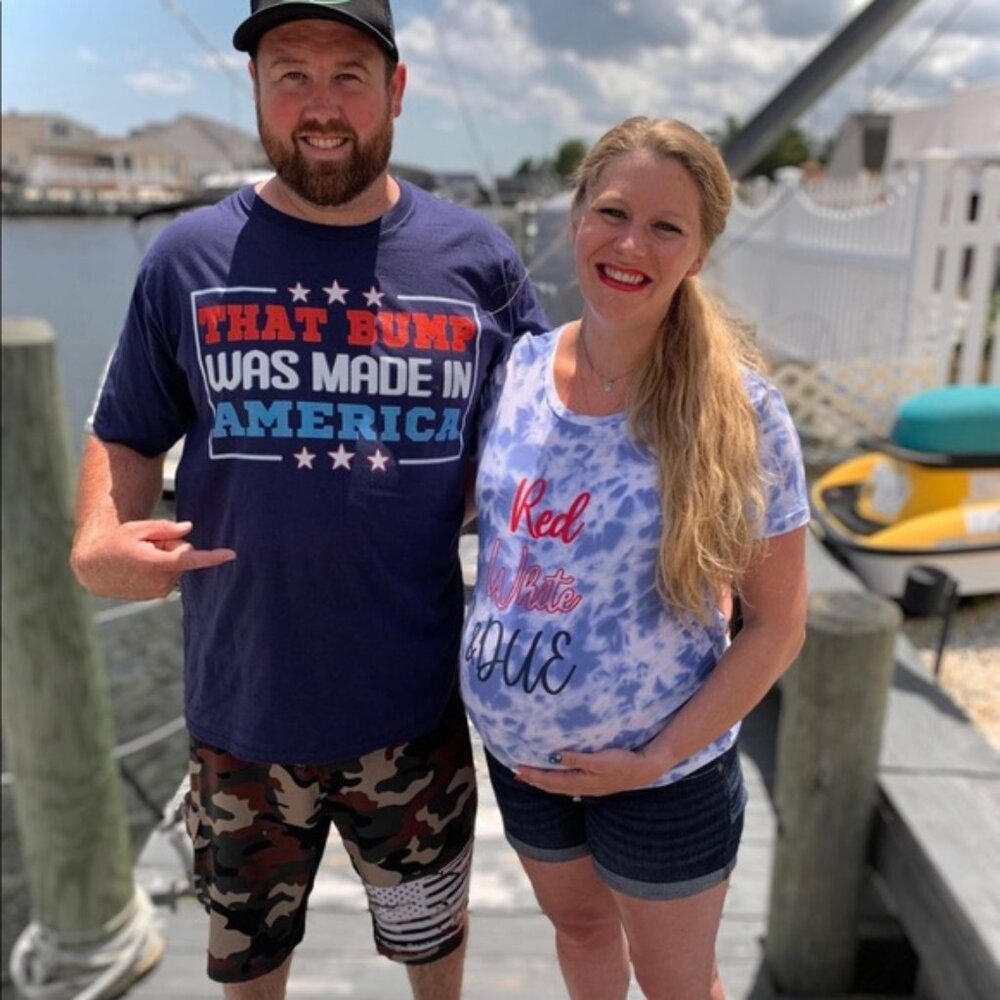 Time And Tru | "Red, White and Due" Pregnancy Anouncement Tee | Size Small